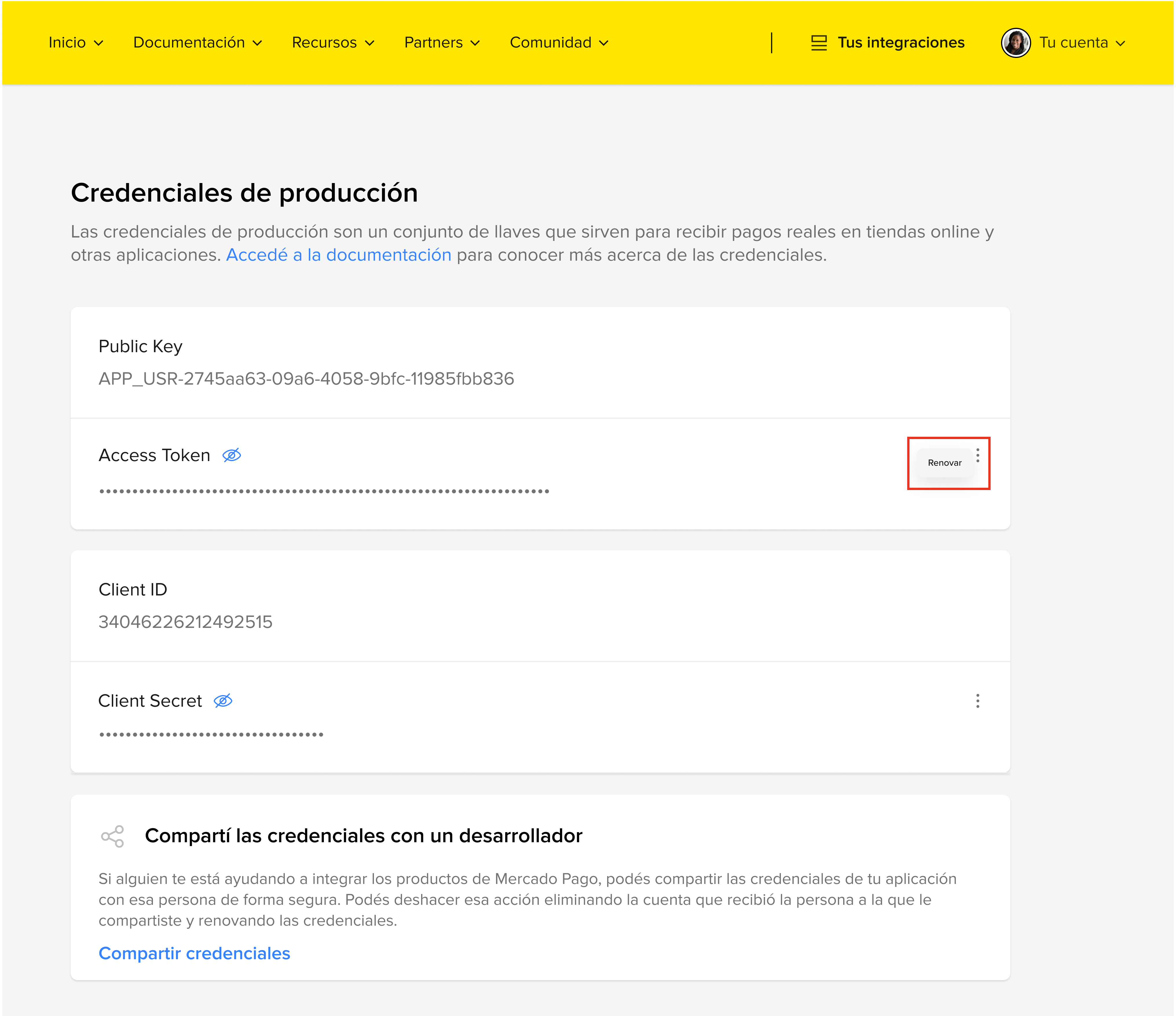 Pantalla Credenciales de producción